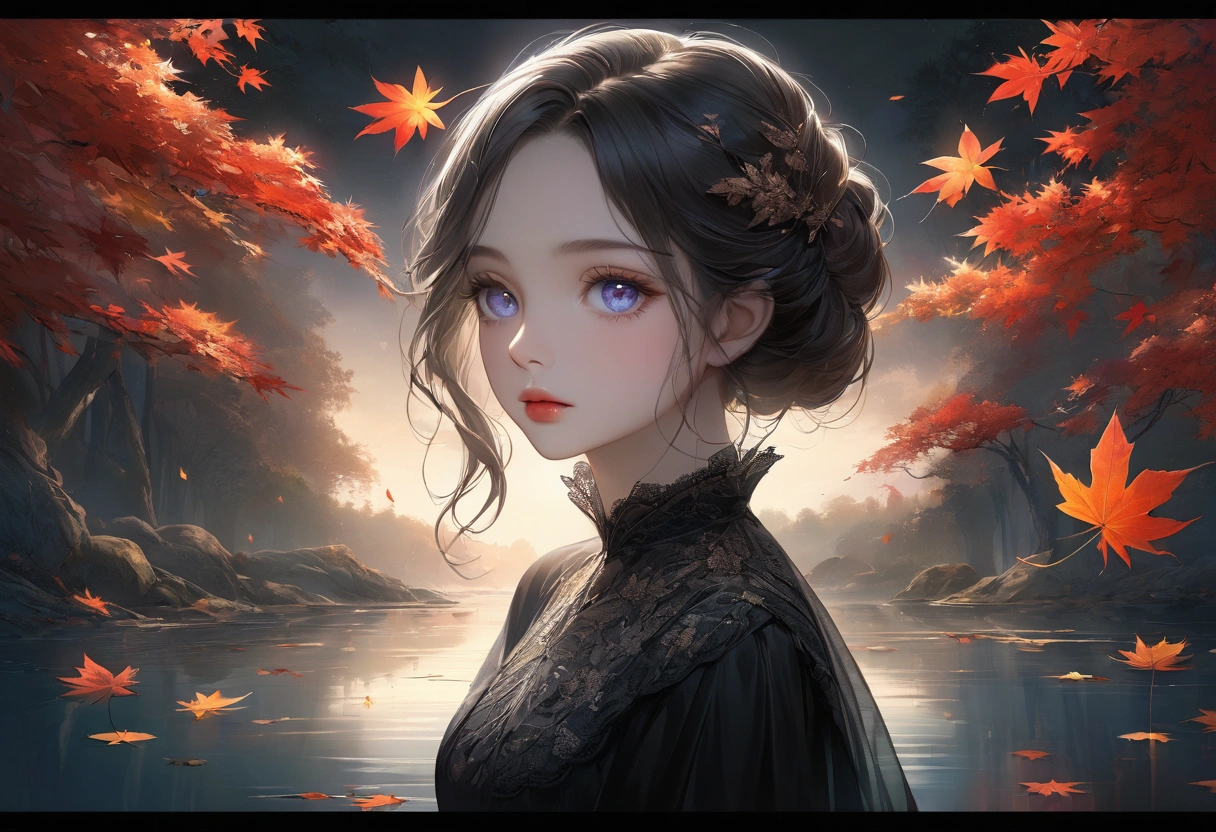 Maple tree landscape, dark canvas, Falling leaves, Transparent holographic reflection, A surreal landscape made of maple leaves, Leaves viewers speechless, A beautiful world, 1 woman, detailed eyes, detailed lips, very detailed face, long eyelashes, Beautiful and detailed portraits, elegant, tranquil expression, autumn, high quality, 8k, realistic, surrealist, studio lighting, Physically Based Rendering, vivid colors, movie lights, dramatic lighting, soft lighting, dramatic contrast, clear, ethereal, dreamlike, mysterious, magical, fancy, concept art