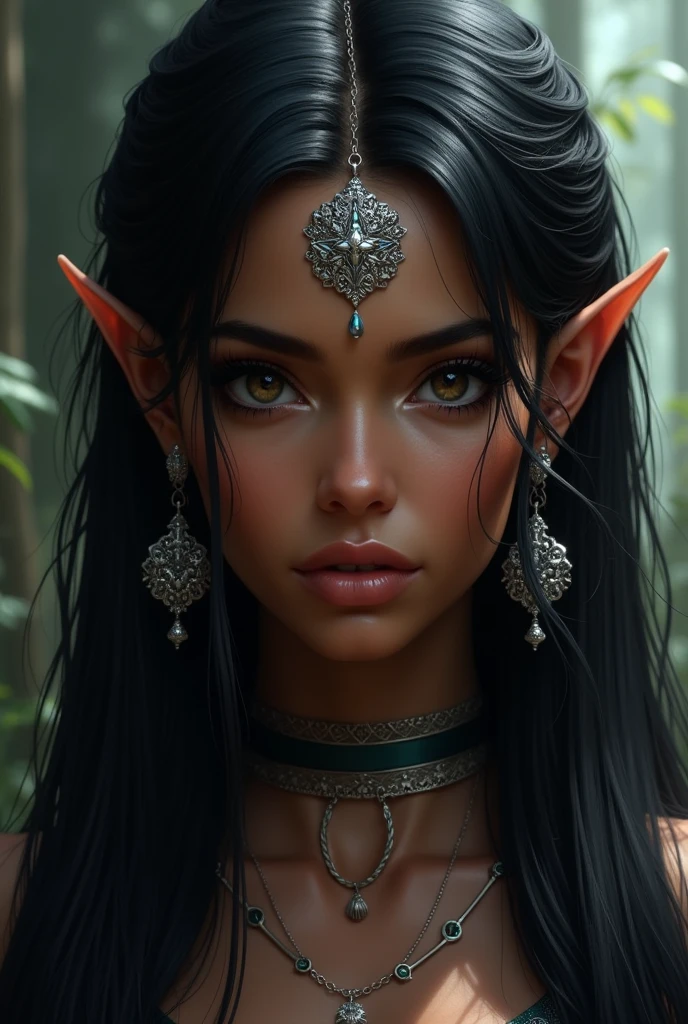 the previous elf woman, exuberante, with long, straight black hair, dark-skinned, small ears, silver jewelry and dark eyes