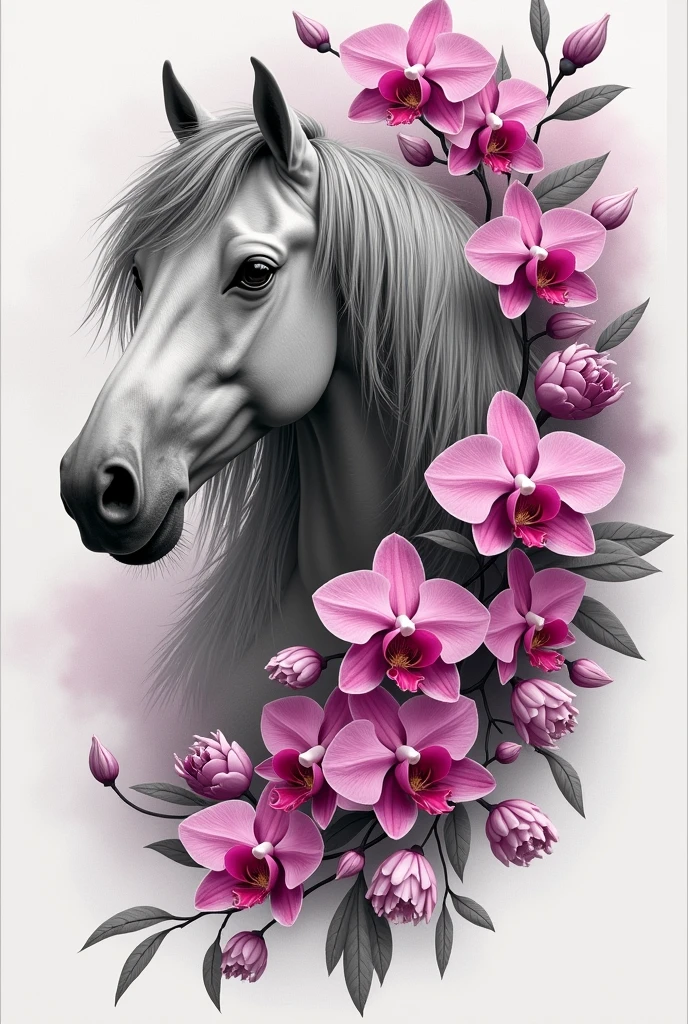I want you to design me a unique and exclusive tattoo, I want it to be a gray-haired horse and around it there are fuchsia-colored orchid flowers and white gardenias. I want more than that, more, more, more.