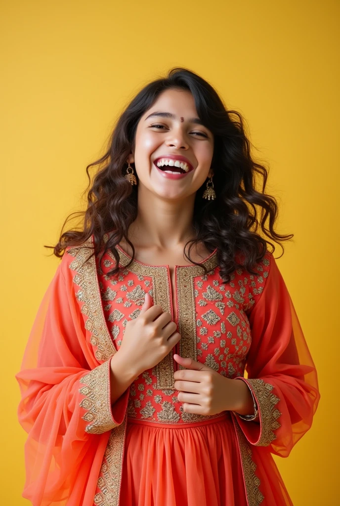 Aesthetic Photo of a girl wearing salwar kameez,smiling with teeth,happily posing,with a big background