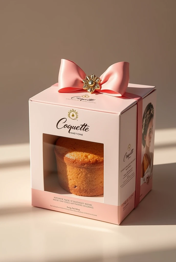 

*design:*

- The box will be rectangular with a transparent window to show the panettone.
- On top, a pastel pink bow with a gold flower-shaped brooch.
- On the front, the Coquette logo in gold, with the legend "Coquette Panettone" in an elegant typography.
- On the back, an image of an elegant woman enjoying a piece of panettone, with the legend "Enjoy the taste of elegance" in a smaller tone.
- On the bottom, la información nutricional y los ingredientes in a smaller tone.

