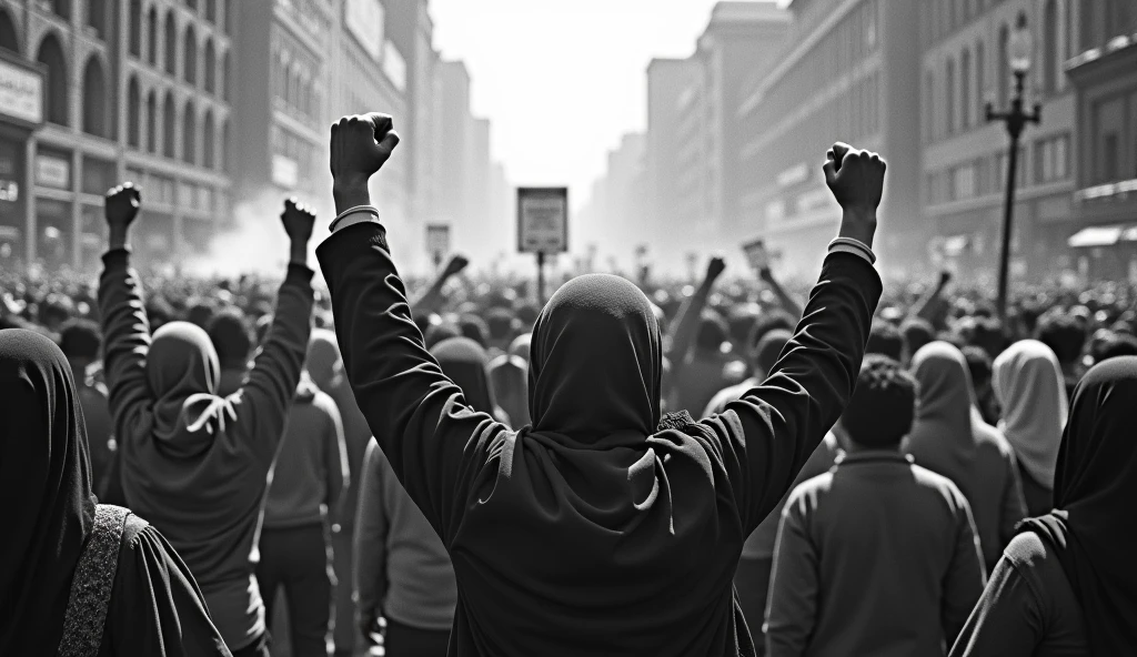 Prompt 1: An old photograph capturing a massive protest in the streets of Tehran in 1978. Thousands of Iranian people, men and women, fill the streets, raising fists and banners against the Shah's regime. The women are wearing hijabs, their expressions fierce and determined. The scene is chaotic, with police in riot gear attempting to control the crowd, and tear gas smoke lingering in the air. The image is slightly grainy, reflecting the quality of the cameras used at the time, adding to the historical authenticity , back camera angel