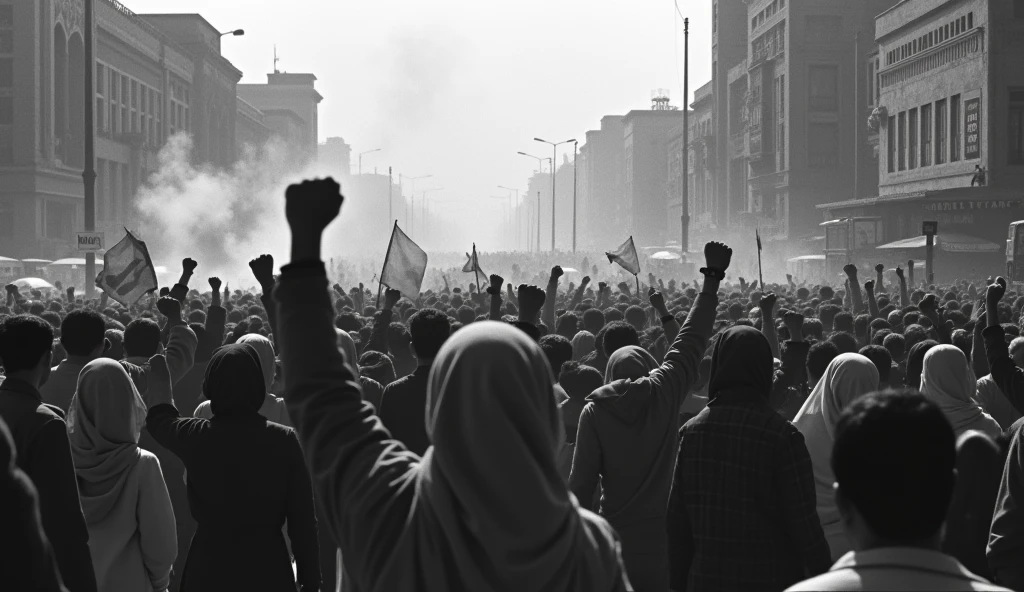 Prompt 1: An old photograph capturing a massive protest in the streets of Tehran in 1978. Thousands of Iranian people, men and women, fill the streets, raising fists and banners against the Shah's regime. The women are wearing hijabs, their expressions fierce and determined. The scene is chaotic, with police in riot gear attempting to control the crowd, and tear gas smoke lingering in the air. The image is slightly grainy, reflecting the quality of the cameras used at the time, adding to the historical authenticity , back camera angel