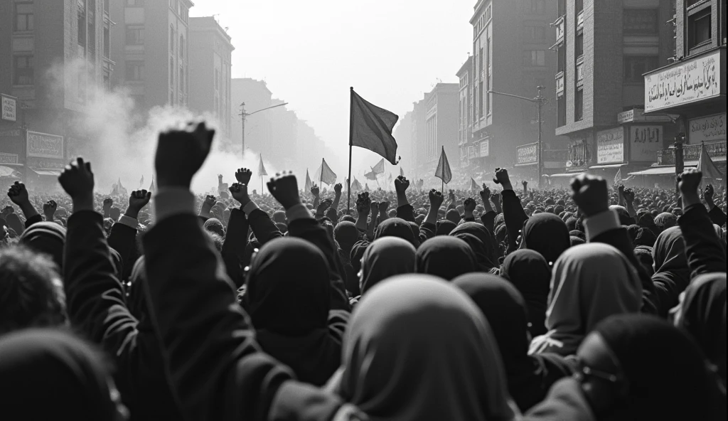 Prompt 1: An old photograph capturing a massive protest in the streets of Tehran in 1978. Thousands of Iranian people, men and women, fill the streets, raising fists and banners against the Shah's regime. The women are wearing hijabs, their expressions fierce and determined. The scene is chaotic, with police in riot gear attempting to control the crowd, and tear gas smoke lingering in the air. The image is slightly grainy, reflecting the quality of the cameras used at the time, adding to the historical authenticity , back camera angel