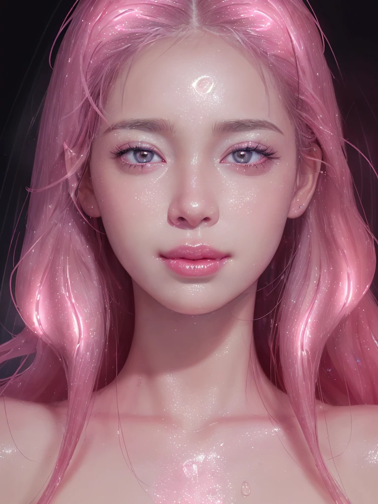 Ultra realistic and detailed 8k mouth image, wet, the night, pink lights illuminate this face with ultra beautiful pink lips, rain around