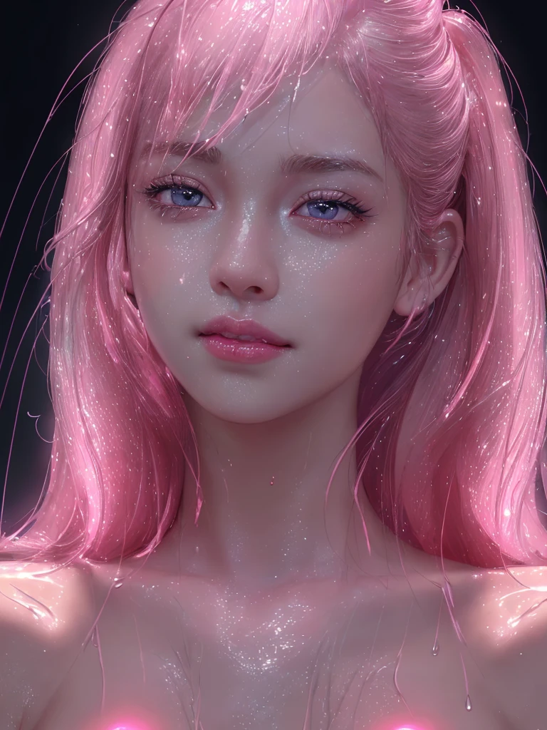 Ultra realistic and detailed 8k mouth image, wet, the night, pink lights illuminate this face with ultra beautiful pink lips, rain around