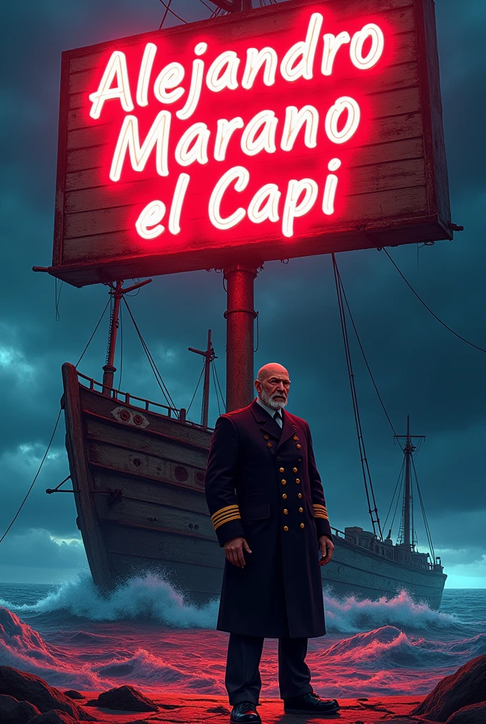 A big neon sign that reads "Alejandro Marano el Capi" on a stormy night, on the sea, under the sign, a big old ship, on the ship a standing tall, bald guy, dressed as captain of the ship, smiling, looking to the horizon,