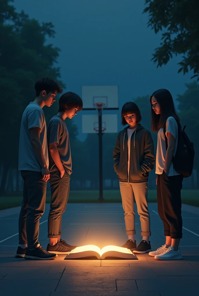 (photorealism:1.2), 1 male young adult with hair down, another 1 male young adult with front hair up, 1 short hair female young adult, another 1 long hair female young adult standing in front of a book on the floor. the book is glowing. in the middle of the night at the path with basketball court in the background