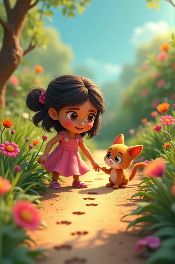 Cartoon style of 3d 7years old girl Depict Laila and CA discovering a trail of tiny footprints in the garden dirt. CA is pointing with his paw towards the footprints, while Laila is closely observing them, looking intrigued. The scene is filled with a sense of discovery