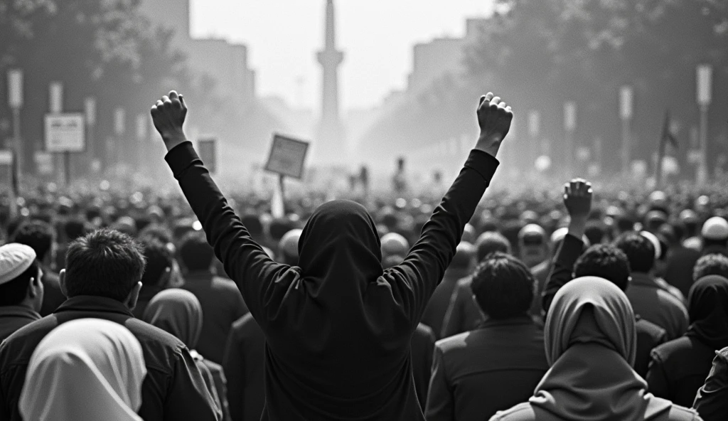 Prompt 1: An old photograph capturing a massive protest in the streets of Tehran in 1978. Thousands of Iranian people, men and women, fill the streets, raising fists and banners against the Shah's regime. The women are wearing hijabs, their expressions fierce and determined. The scene is chaotic, with police in riot gear attempting to control the crowd, and tear gas smoke lingering in the air. The image is slightly grainy, reflecting the quality of the cameras used at the time, adding to the historical authenticity , back camera view