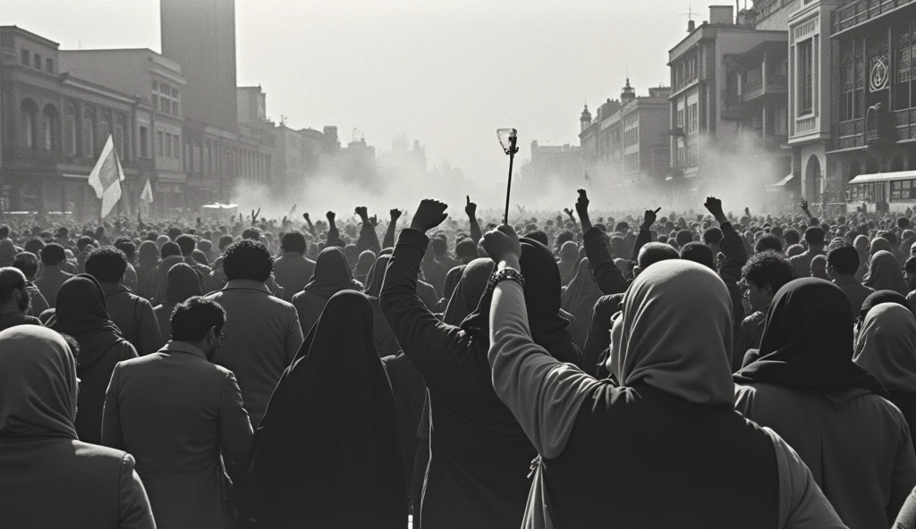 Prompt 1: An old photograph capturing a massive protest in the streets of Tehran in 1978. Thousands of Iranian people, men and women, fill the streets, raising fists and banners against the Shah's regime. The women are wearing hijabs, their expressions fierce and determined. The scene is chaotic, with police in riot gear attempting to control the crowd, and tear gas smoke lingering in the air. The image is slightly grainy, reflecting the quality of the cameras used at the time, adding to the historical authenticity , back camera view