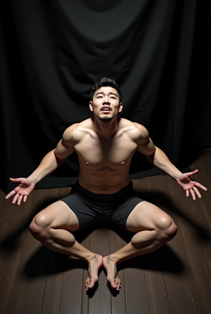 Hands is behind the body. Whole body weight is on hands
Afraid asain guy, white skin. Muscler, shirtless, beautiful body, wide shoulder, sitting on the floor, realistic, uper camera angle, pants, black cloth background, wooden floor, hyper detailed , detailed realistic body
Black eyes. Siting with hands wide open, hands is behind the body , weight is on the hands. Legs wide open. 