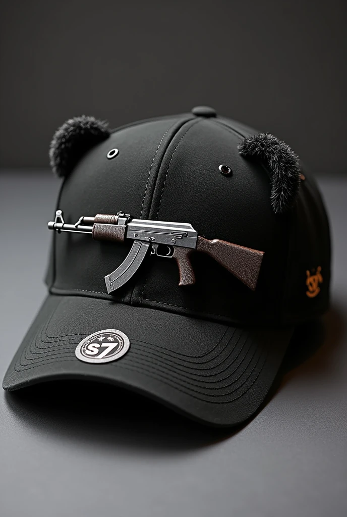 Make a black suede cap with a teddy bear decoration with an AK-47 in the center of the cap and on one side with the brand&#39;s seal "S7"