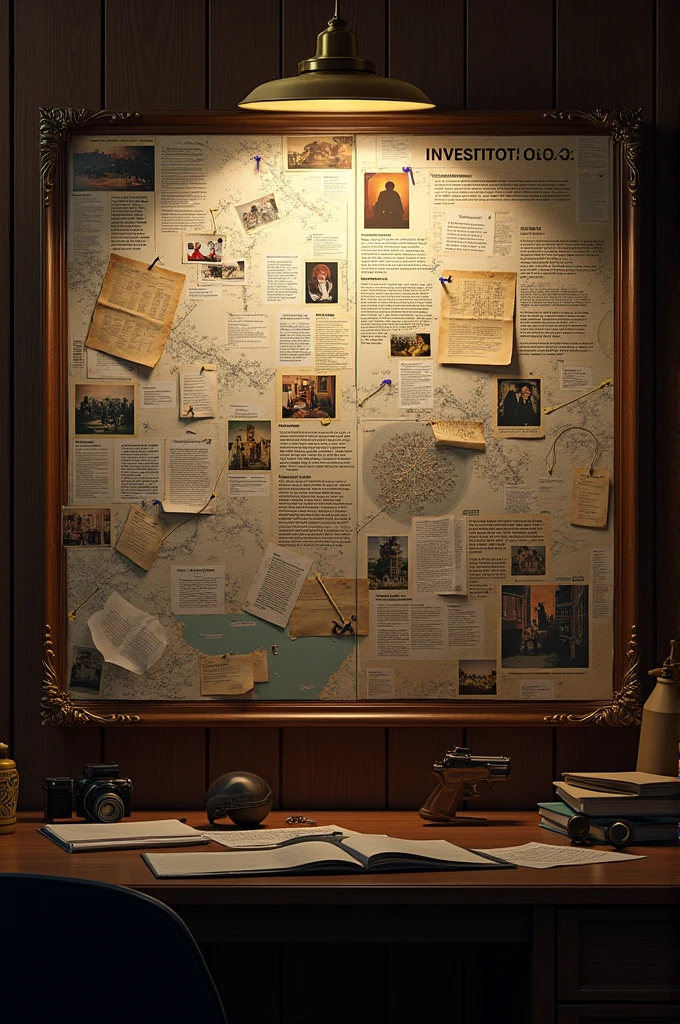 Now create an image of a board where you can find locations, documents and detective research.