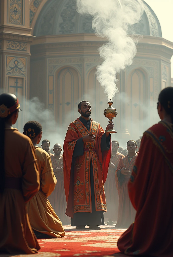 Ethiopian Orthodox Church believers praying around the church,the priest holding a holy smoke,.