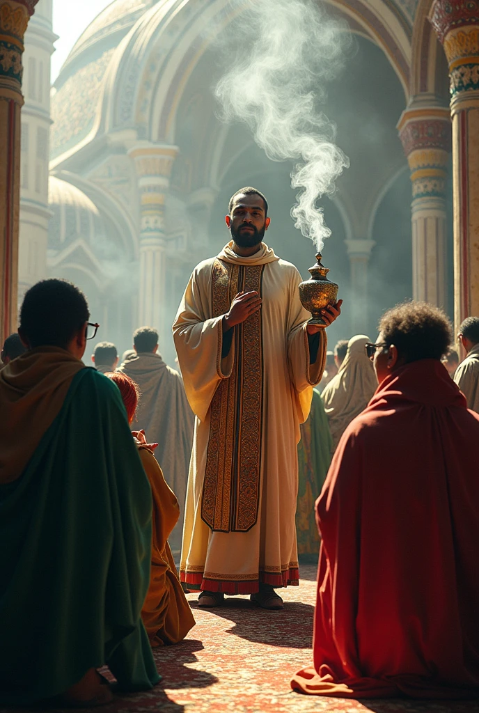 Ethiopian Orthodox Church believers praying around the church,the priest holding a holy smoke,.