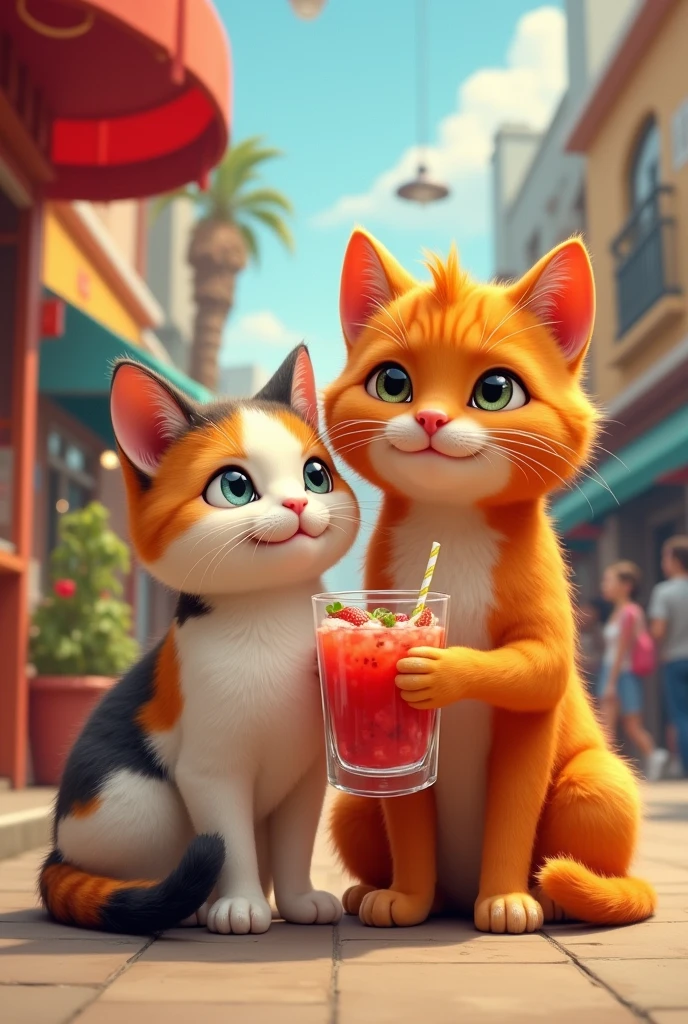 I want you to create a pair of cats, one calico and one orange, eating at a taco stand on the street while they sit on the sidewalk sharing a strawberry lemonade., I want the male to be a little bigger than the female calico kitten, I want you to make them fatter and prettier