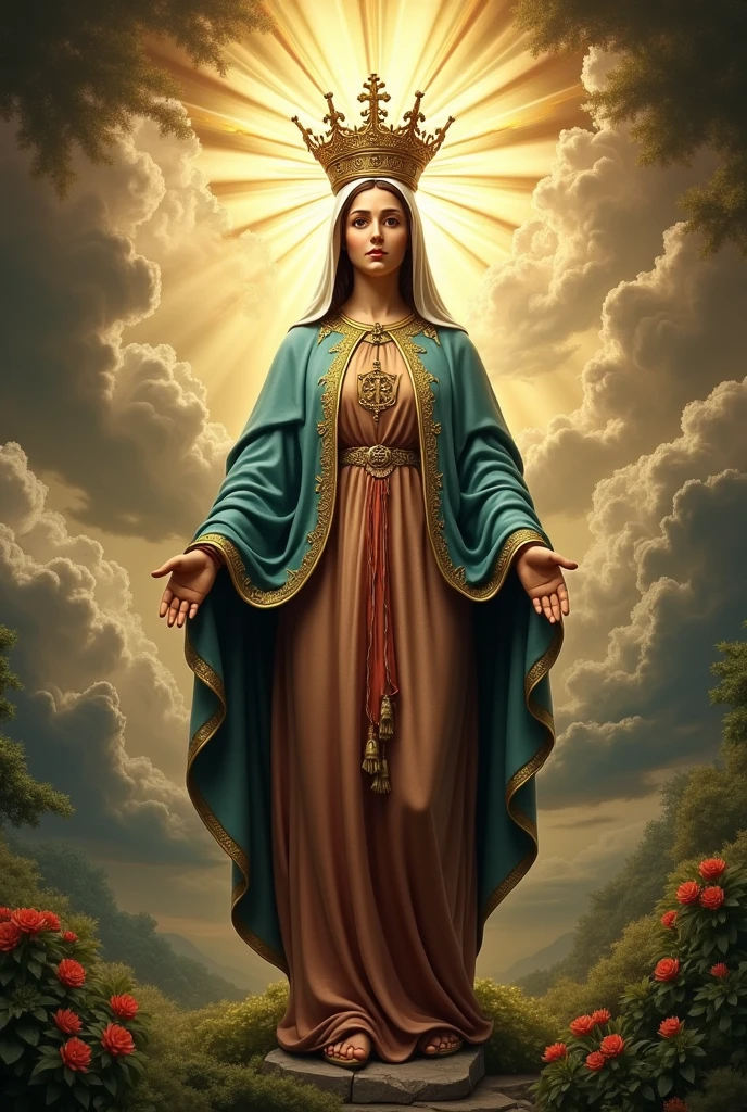 Create an image depicting Our Lady of Aparecida, patron saint of Brazil, and with the title: Mother Aparecida, welcome us!