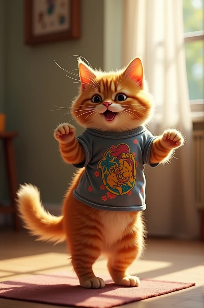 A cat wearing a shirt is dancing