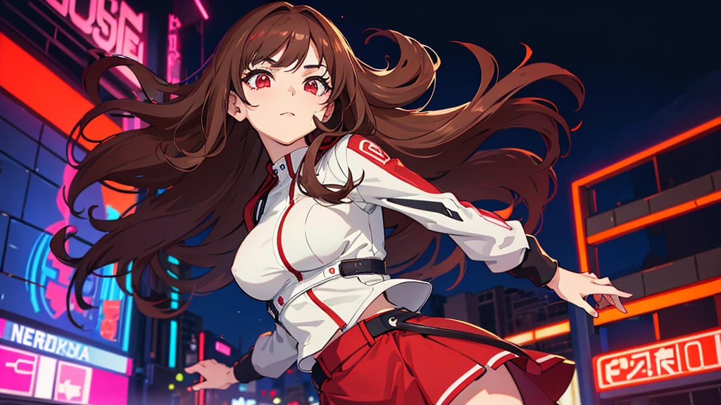 2d anime style, a beautiful woman with long curly brown, wearing a red miniskirt, white top and black leather jacket is in front of a dance club that shines in neon on its facade the name "Technoir", close shot, night of a city in the 80s, lighting of streetlights and neon, high definition, high resolution, intricate details