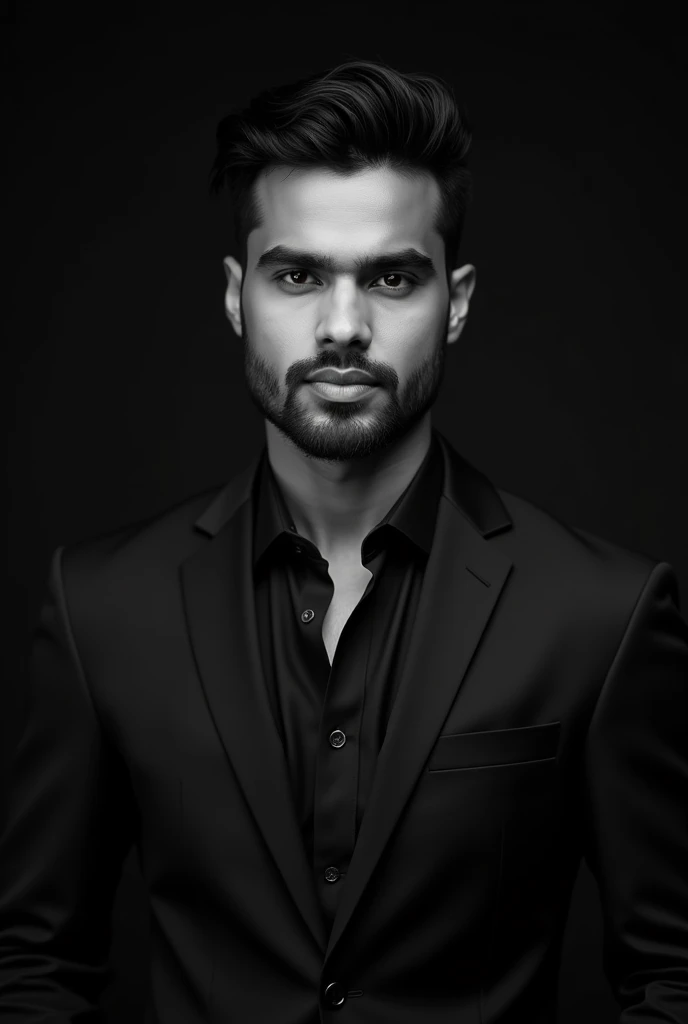A professional black-and-white portrait of a perfect handsome south asian modern man 30 yo, dark hair. wearing modern stylish fashion with blazer. unique character and personality and style. The background is solid black, highlighting her features and creating a sleek, modern look. The lighting is soft and evenly distributed, emphasizing confident and approachable expression.