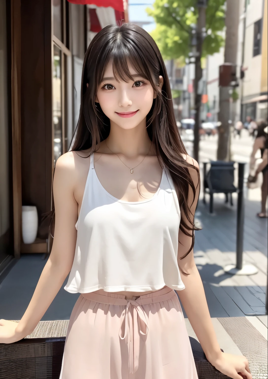 masterpiece、Highest quality、whole body、One Girl、bangs、Japanese、Long Black Hair、Long Hair、smile、alone、morning、terrace、flower、Tank top、Stylish woman、pastel colored outfits、front、Luxury background elements、Confident expression、Modern and trendy、Fashion focus