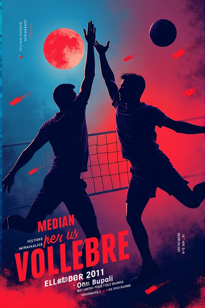 Flyer template about men's volleyball in striking blue, red, black and purple colors,