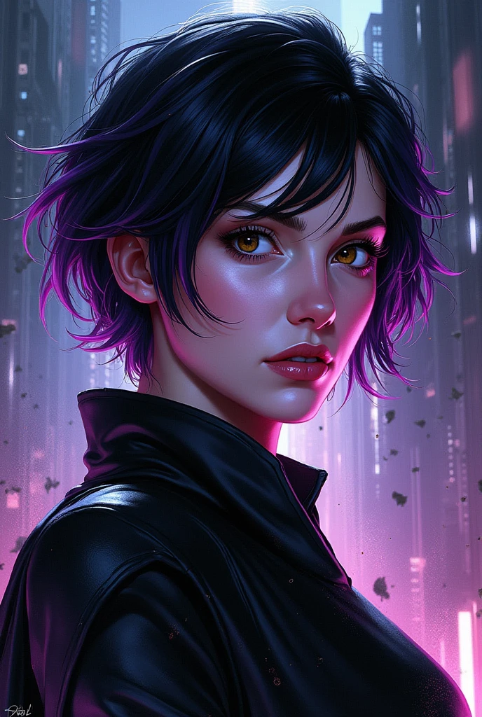 DC comic panel, women, black hair with pixie cut and purple highlights, light brown eyes and pale skin.