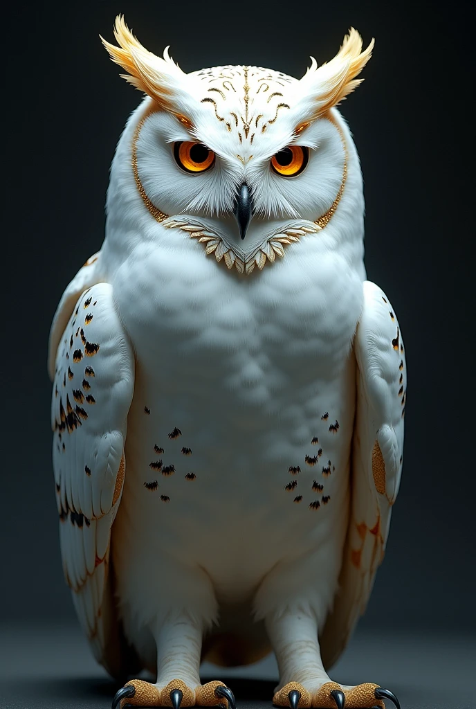 a white owl with black and gold effects giving the image of transcendental, increase the black effect and make the eyes look more serious, outline a black aura over the owl, with tickets to Dourado