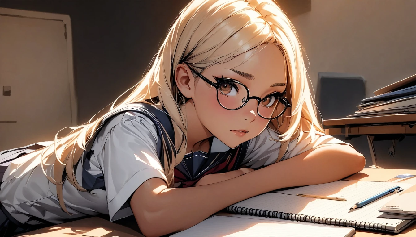 (highest quality:1.2, Very detailed, up to date, Vibrant, Ultra-high resolution, High Contrast, masterpiece:1.2, highest quality, Best aesthetics), Portraiture、girl, 15-years-old, Bright colors、Beautiful fine details、Beautiful lip detail, long hair、brown eyes, ((slim body:1.4)), (small breast:0.7), (dark skin:0.5), glasses, ((school uniform:1)), studyind, sitting at the study desk, notebook and pencil, her room, embarrassed:1, lineart, clean line drawings, look at viewer, sepia color:1, solo:1