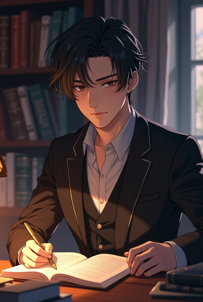A very handsome and chic anime male character who is studying