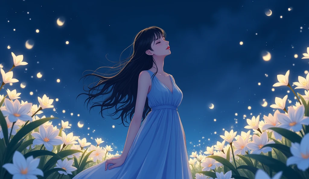 white plumeria fields during the night, a fireflies and a woman wearing a blue dress and a long black wavy hair, close eyes, light smile, looking up, beautiful anime