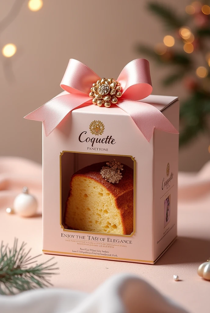 

*design:*

- The box will be rectangular with a transparent window to show the panettone.
- On top, a pastel pink bow with a gold flower-shaped brooch.
- On the front, the Coquette logo in gold, with the legend "Coquette Panettone" in an elegant typography.
- On the back, an image of an elegant woman enjoying a piece of panettone, with the legend "Enjoy the taste of elegance" in a smaller tone.
- On the bottom, la información nutricional y los ingredientes in a smaller tone.

But with a more Christmas style