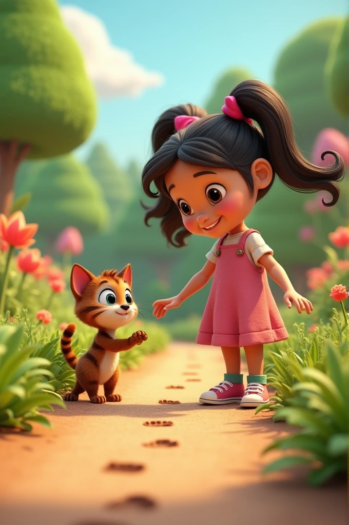 Cartoon style of 3d 7ars old girl. Depict Laila and CA discovering a trail of tiny footprints in the garden dirt. CA is pointing with his paw towards the footprints, while Laila is closely observing them, looking intrigued. The scene is filled with a sense of discovery