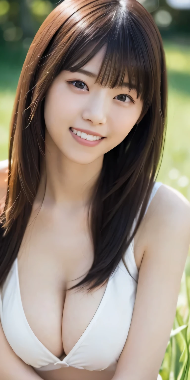 masterpiece、Highest quality, Ultra-high resolution、8k，photograph、1 girl, (Skin dents), (Large Breasts:1.3), bright, Blurred Background, (Asymmetrical bangs, Please comb your hair、Very long hair:1.5),(Loose chest)、(Sunburn marks on chest)、(Deep cleavage)、(soft, drooping udder)、(The best smile that makes people happy)、(The big round eyes are super cute)、(grassland、Spring Sky、Soft sunlight)
