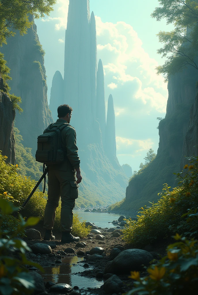 soldier survivor of his ship crash observing the alien natural ecosystem his crew died