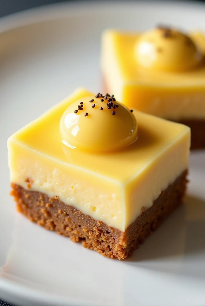 Create a square-cut white chocolate brownie topped with creamy passion fruit brigadeiro