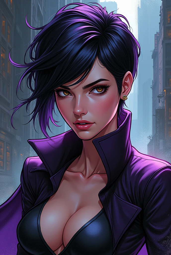 DC comic panel, women, black hair with pixie cut and purple highlights, light brown eyes and pale skin. 