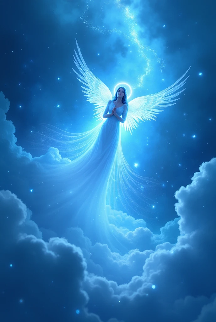 Blue lights in the sky with blue lights and an Angel