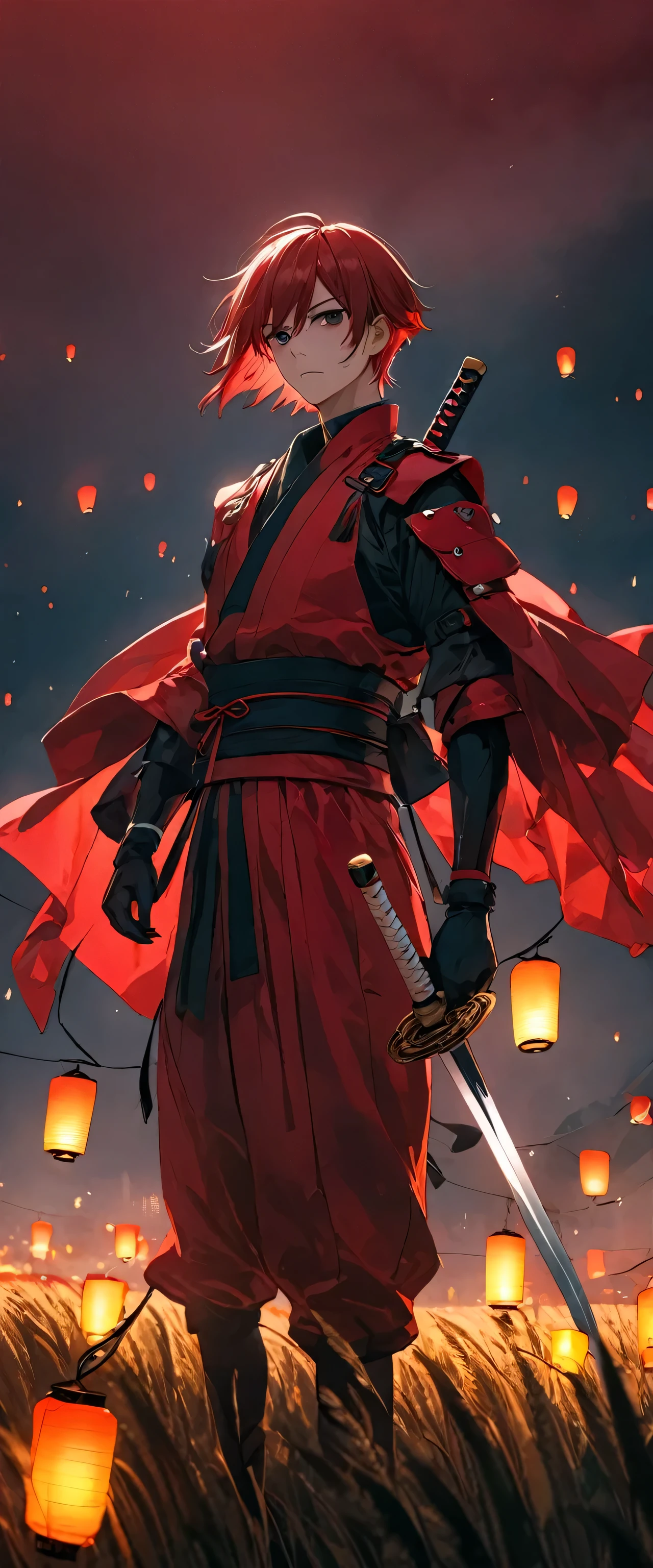 A man in a shiny scarlet silk samurai outfit,20th Generation,Crouching on a lantern。Messy red short hair。amount。Cat ear。 White Wheat Field。A world of thick fog,。Bust Shot。Dark Eyes。clothes are blowing in the wind。Serious expression。Sword on the back。Stylish pose。Many small floating lanterns。alone。neo tokyo。Japan。Red Sky。Chiaroscuro,