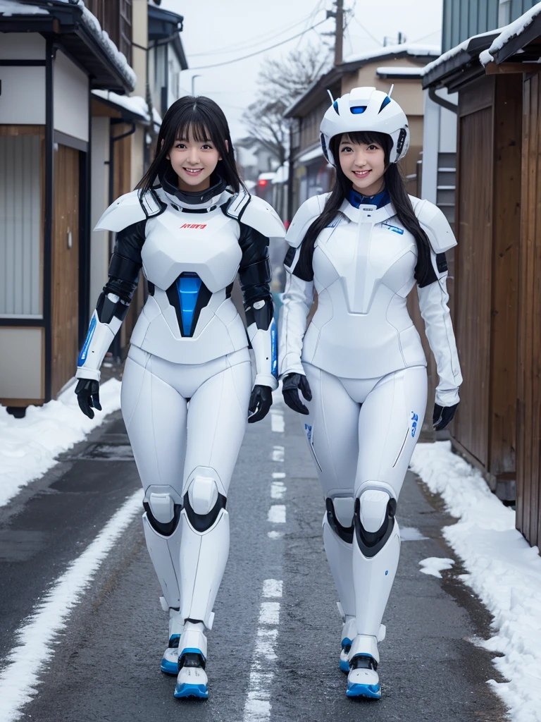 Japanese female android sisters,Black Hair,White and blue robot suit,Plump,Walking down a rural street in a snowstorm,Close-up,smile,