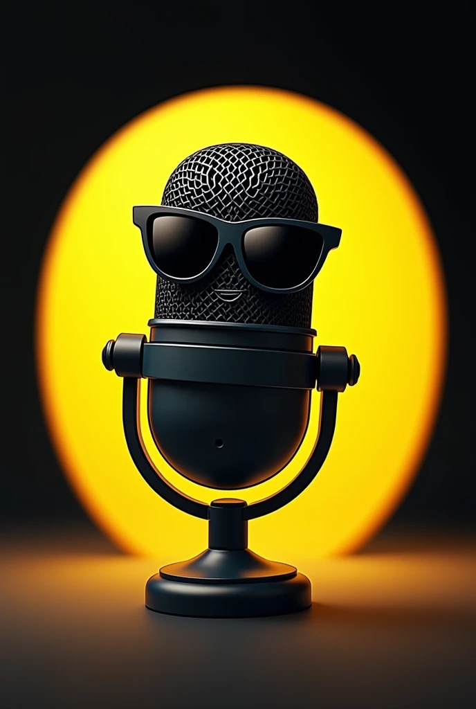 Cartoon black Podcast microphone closed face wearing sunglasses and with black and yellow background 