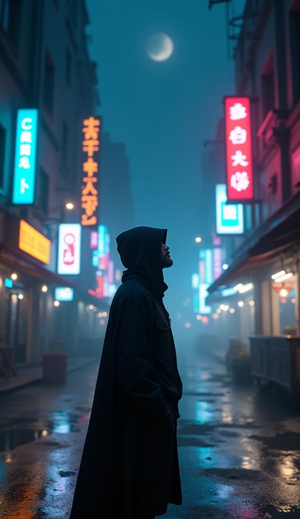 a hooded man standing on a city street at night, Looking at the sky, city street cinematic lighting, beautiful and cinematic lighting, cyberpunk streets at night, dark cinematic lighting, cyberpunk street at night, beautiful cinematic lighting, traversing a shadowy city, cyberpunk night street, moody cinematic lighting, great cinematic lighting, he is traversing a shadowy city, cinematic night lighting