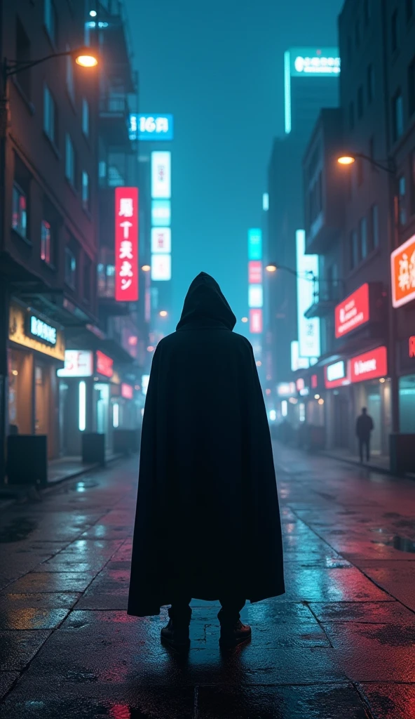 a hooded man standing on a city street at night, Looking at the sky, city street cinematic lighting, beautiful and cinematic lighting, cyberpunk streets at night, dark cinematic lighting, cyberpunk street at night, beautiful cinematic lighting, traversing a shadowy city, cyberpunk night street, moody cinematic lighting, great cinematic lighting, he is traversing a shadowy city, cinematic night lighting