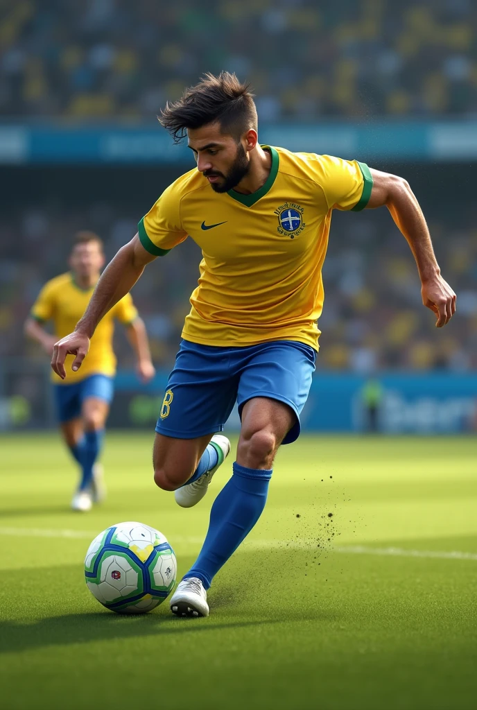 Man kicking a ball wearing a Brazil shirt
