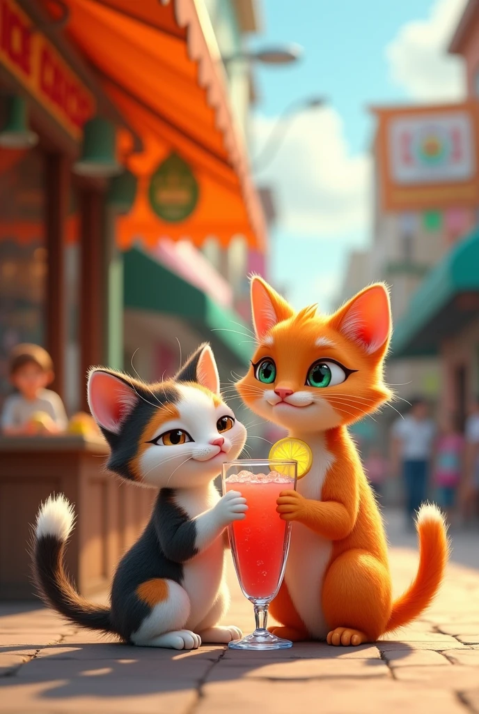 I want you to create a pair of cats, one calico and one orange, eating at a taco stand on the street while they sit on the sidewalk sharing a strawberry lemonade., I want the male to be a little bigger than the female calico kitten, I want you to make them fatter and prettier