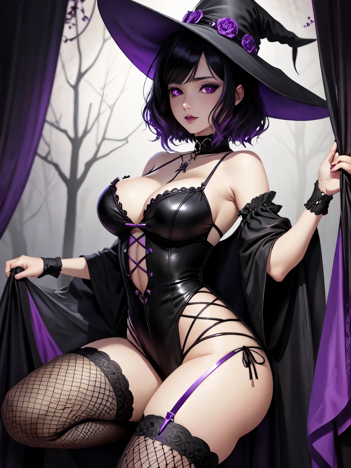 anime manga woman black hair gothic witch shoulder cut, purples eyes, gothic witch outfit, fishnet stockings