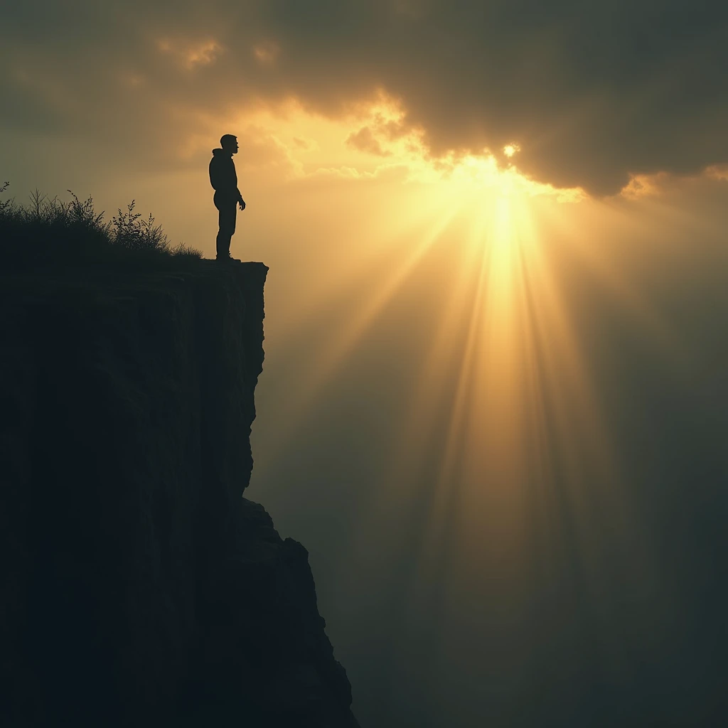 A close-up of a person standing at the edge of a cliff or facing a difficult climb, with a soft, golden light breaking through dark clouds in the background. The light gently illuminates the scene, symbolizing the quiet, persistent voice of hope urging one to keep going despite adversity.