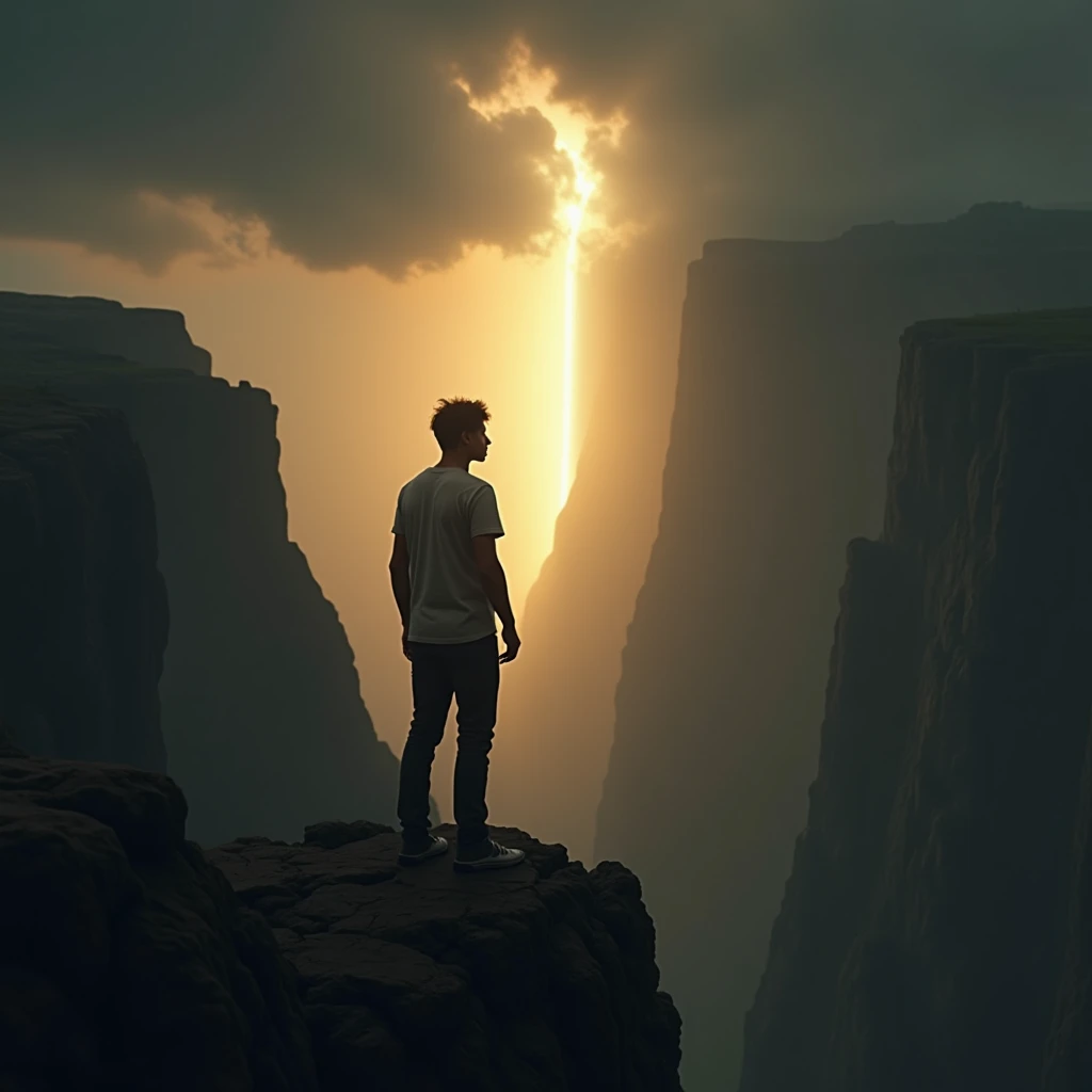 A close-up of a person standing at the edge of a cliff or facing a difficult climb, with a soft, golden light breaking through dark clouds in the background. The light gently illuminates the scene, symbolizing the quiet, persistent voice of hope urging one to keep going despite adversity.