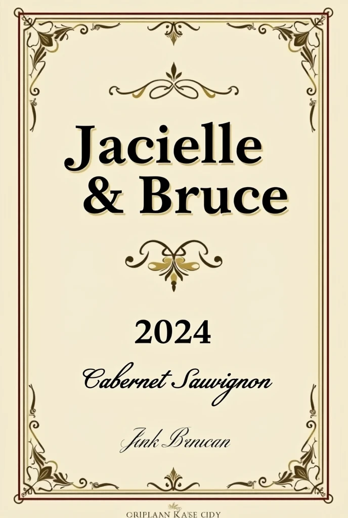 Create a classic and elegant label for Jacielle wine & Bruce 2024 in vector format, suitable for printing. Use traditional and sophisticated typography for the name "Jacielle & Bruce" my name is "2024". The design must reflect the quality and sophistication of Cabernet Sauvignon wine. Use a sober and timeless color palette, like shades of gold, burgundy and cream, to complement the color of the wine.Additional Elements: Include a delicate border or frame and a placeholder for additional winery information or tasting notes., if desired. Make sure your design is created in vector format to ensure quality and accuracy when printed..minimalism, illustration, high resolution, precise, HD Model, high qualiy, super detaill, ultra HD, 